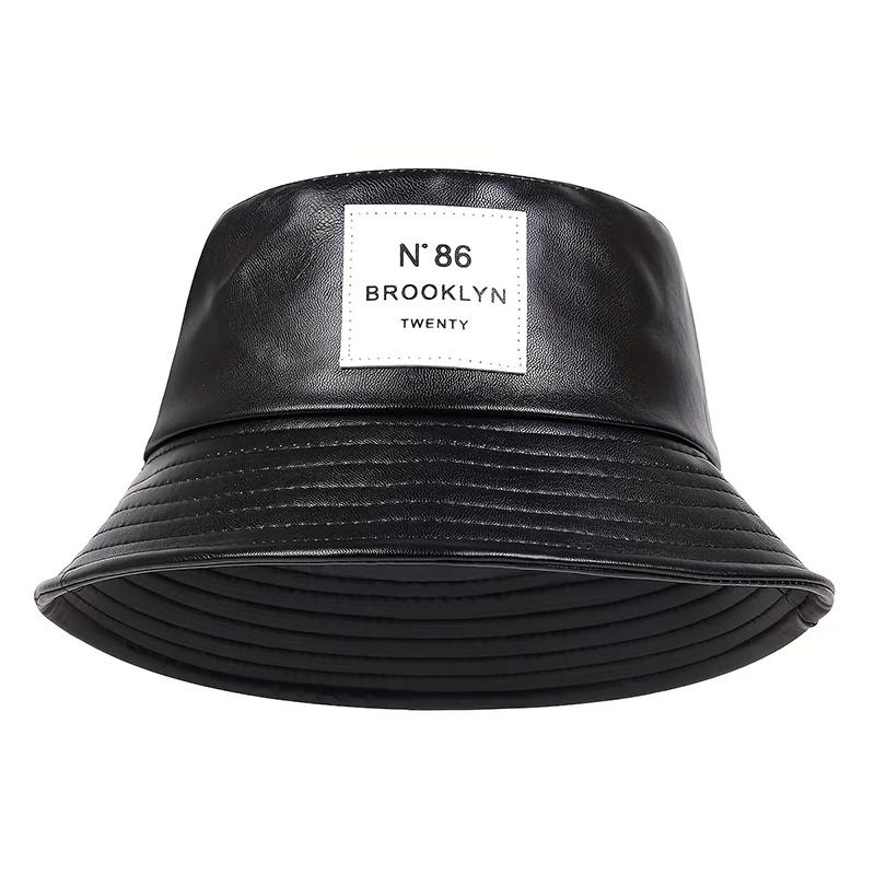 Унисекс Brooklyn Leather Label Bucket Hat PU Leather Fisherman Hat Outdoor Travel Hat Sunscreen Hats for Men Women Bucket Hats
