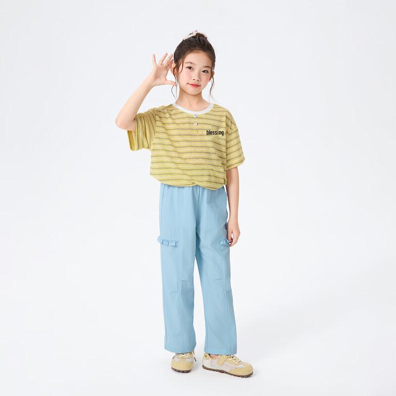 Xiaoyinman Girls' Striped Embroidered Short-Sleeve T-Shirt