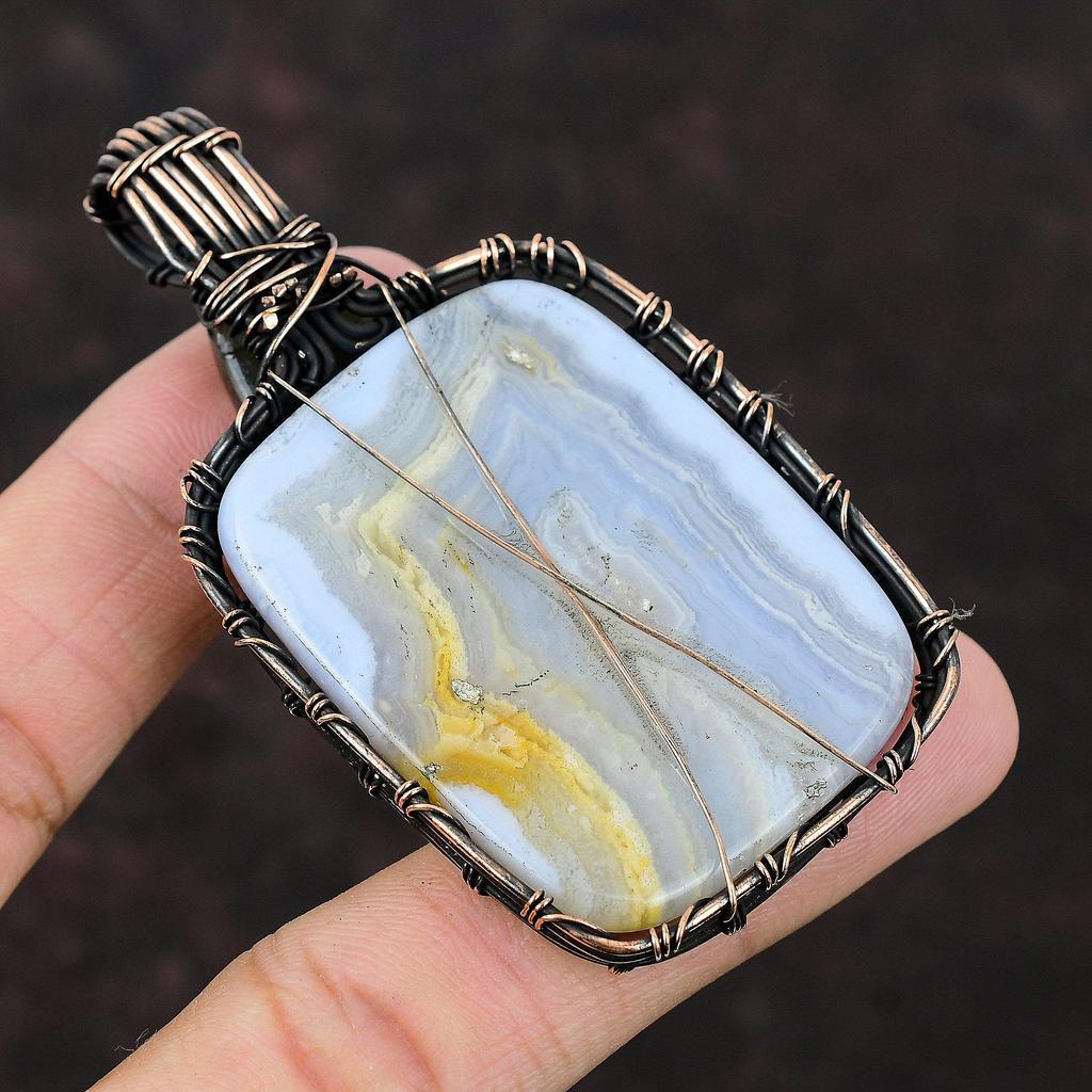 Подвеска из синего кружева с агатом Подвеска из лабрадорита Подвеска из медной проволоки Ювелирные изделия ручной работы Подарок для него Подвеска из проволоки с драгоценными камнями Ювелирные изделия в упаковке