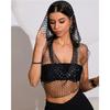 Sexy Deep V Neck Backless Camisole For Women Shiny Rhinestone Hollow See Through Fishnet Hooded Tank Top Rave Festival Crop Tops