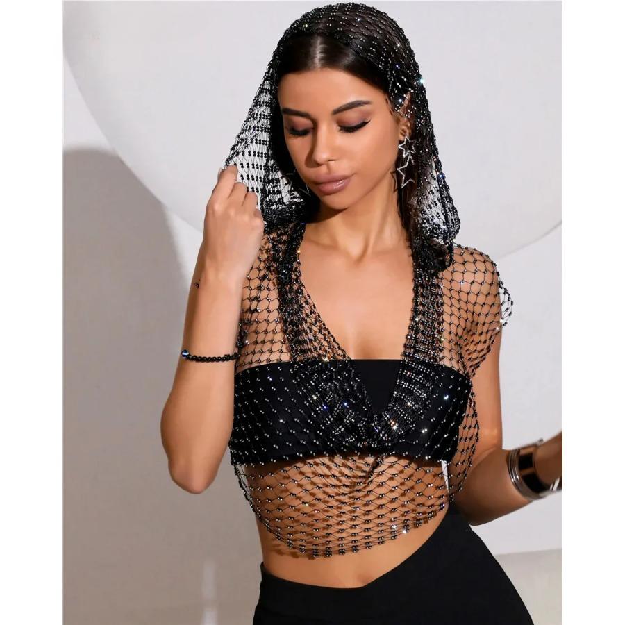 Sexy Deep V Neck Backless Camisole For Women Shiny Rhinestone Hollow See Through Fishnet Hooded Tank Top Rave Festival Crop Tops
