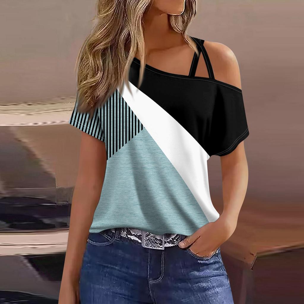 Women's Fashion Casual Print Sexy Cold Shoulder Short Sleeve T-shirt Top