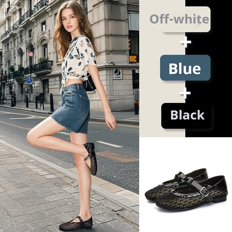 Sheepskin Mary Jane Shoes Casual Shoes Hollow Mesh Breathable Leather Shoes Flat-soled Shallow-mouth Women's Shoes