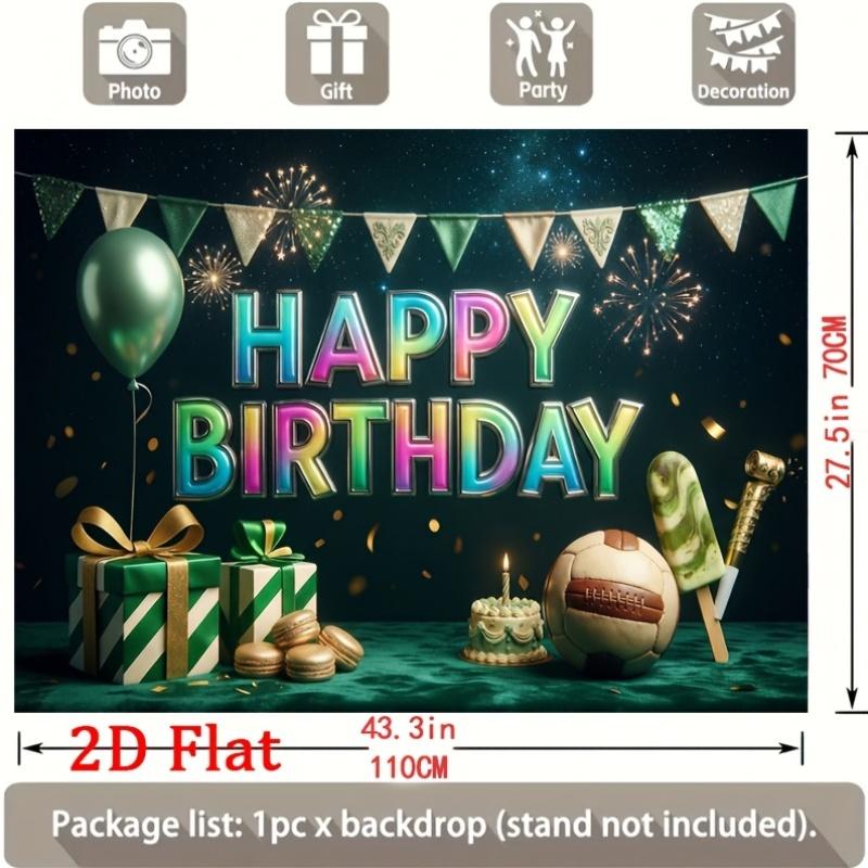 Vibrant Holographic Happy Birthday Lettering, Festive Bunting, Metallic Balloon, Striped Gift Boxes, Golden Coins, Mini Cake and Soccer