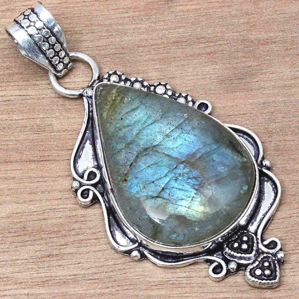 Pendant Shiney Labradorite Gemstone Valentine'Day Gift Silver Jewelry 2.25"