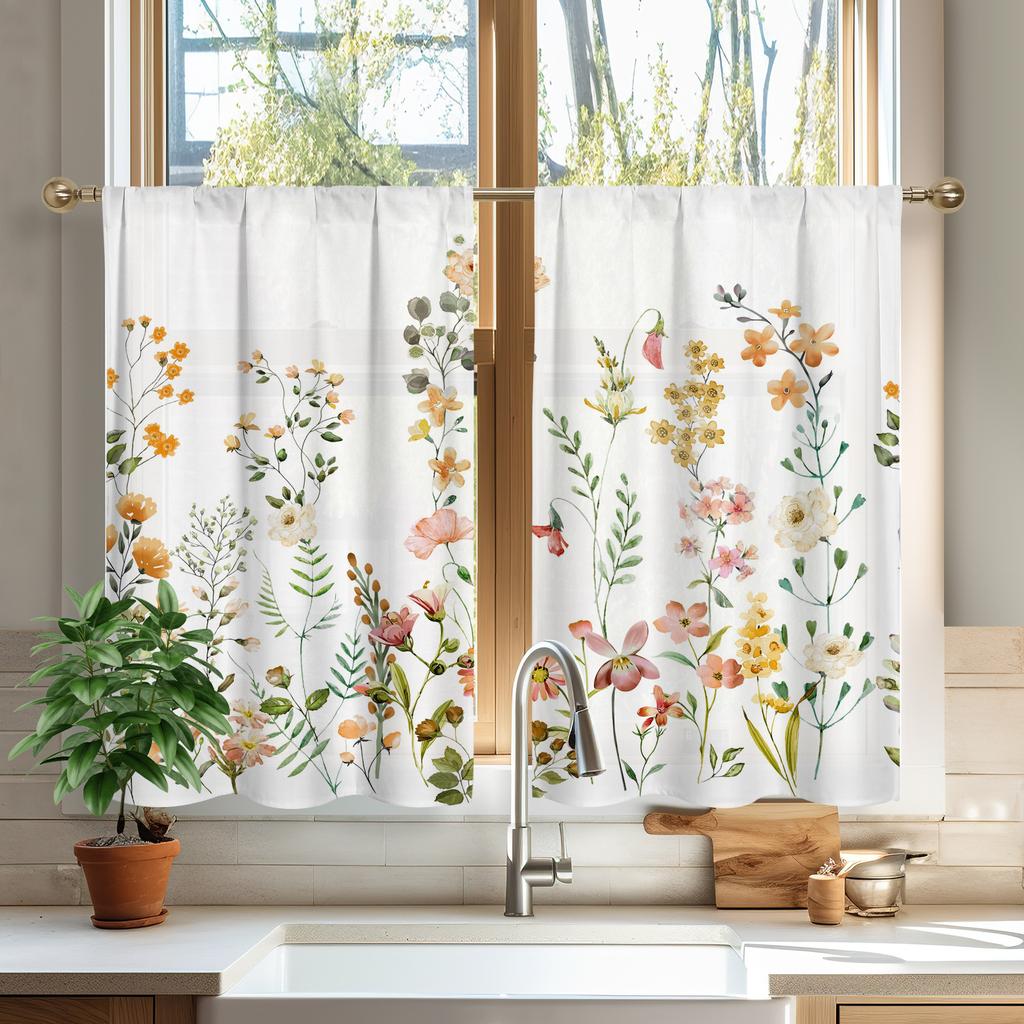 Curtain Valance, Wildflowers Spring Watercolor Flower Floral Print Plants Short Rod Pocket Window Treatment for Living Room, Bedroom, Kitchen,Bathroom