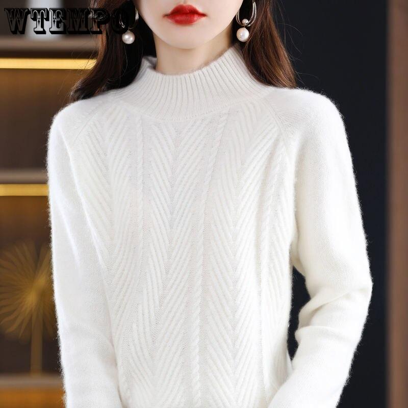 Свитер из чистого кашемира, пуловер, женский осенне-зимний однотонный однотонный свитер с полувысоким воротником и длинным рукавом, вязаный низ, топ