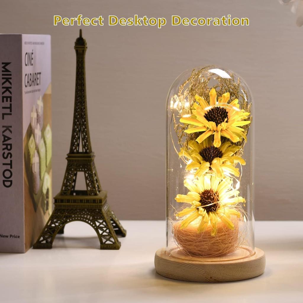 Sunflower Gifts for Women, Artificial Sunflowers In Glass Dome with LED Strip, Sunflower Decor On Mother's Day, Valentine's Day, Christmas