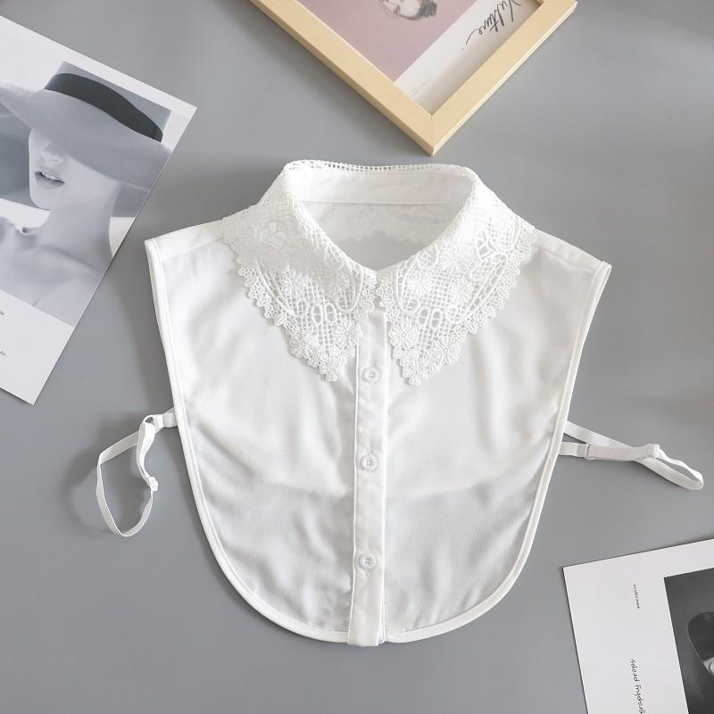 White Chiffon Fake Collars Woman Vintage Half Shirt False Collar Woman Embroidery Detachable Lapel Collar Faux Col Accessories