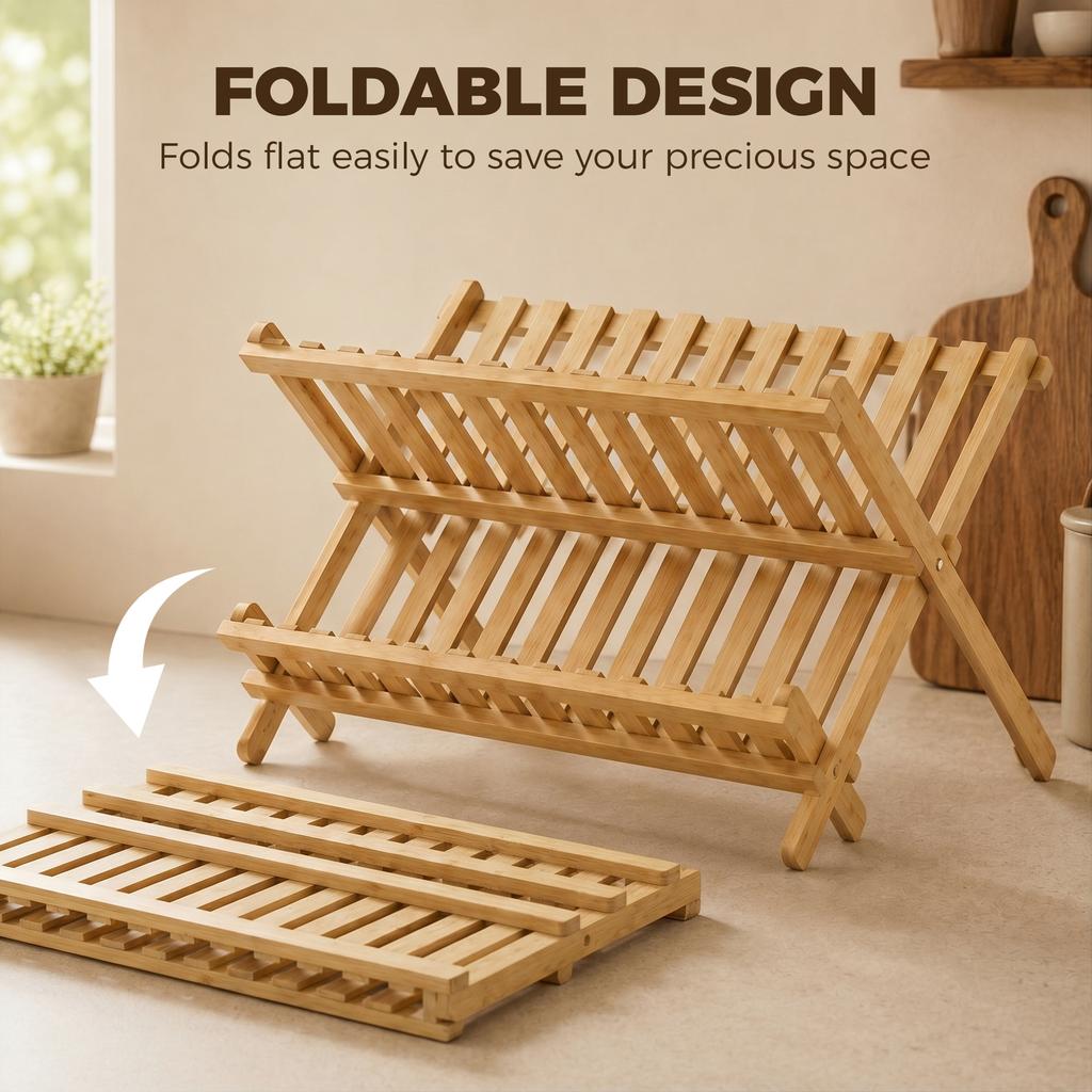 Kitchen Storage Unit, 2-Tier Foldable Kitchen Storage Rack with Slatted Draining Shelves, Natural Wood Finish