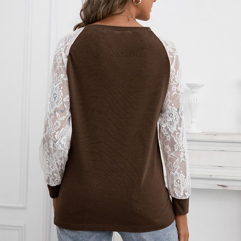 Футболки женские осень-зима, кружевные, пэчворк, с длинным рукавом и круглым вырезом для женщин