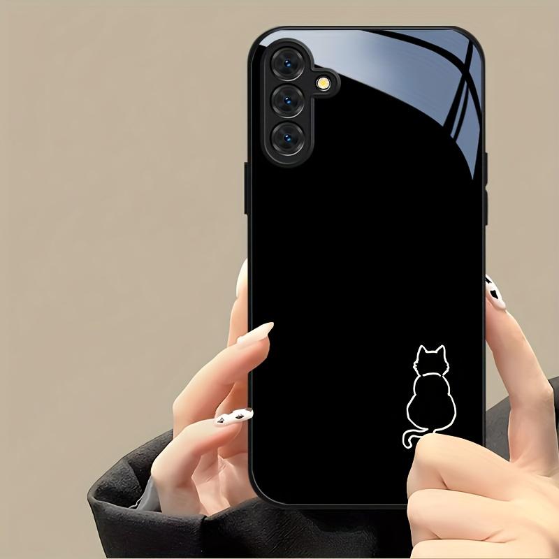 Минималистичный чехол для телефона с контуром кота для Samsung Galaxy Элегантная черная основа Белая линия Силуэт котенка Жесткая стеклянная крышка