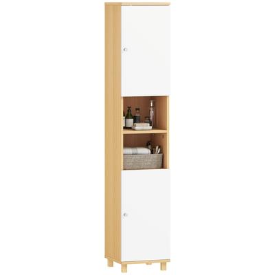 Bathroom Column with 2 Cabinets and Open Shelves, Adjustable Internal Shelves, 30x30x166 Cm, White and Wood