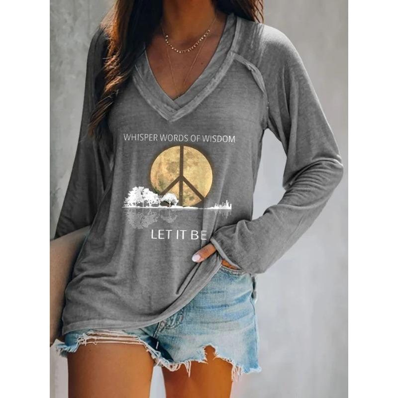 Ilstile Women's Hippie Style Print T-Shirts  Long Sleeve V Neck Tops Casual Loose Tees Fashion Female Clothing
