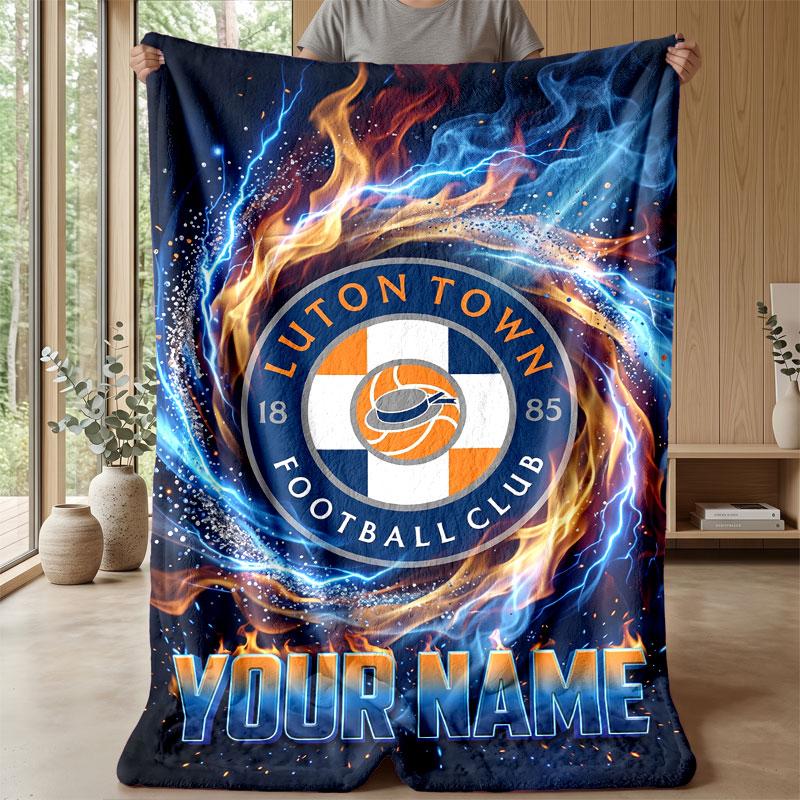 Luton Town Custom Name Text Flannel Blanket Soccer Logo Personalized Fleece Throw Blanket Special Gift For Sofa Bedroom Home