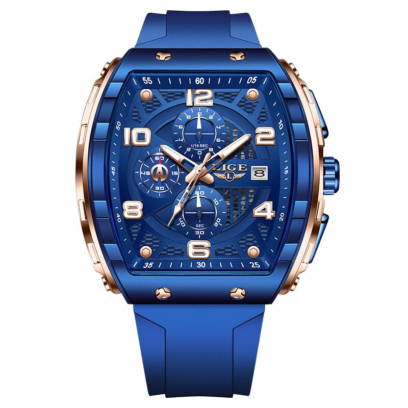 LIGE Top Brand Men's Silicone Watches Luxury Square Quartz Wristwatch Waterproof Luminous Chronograph Watch for Men Date Clock