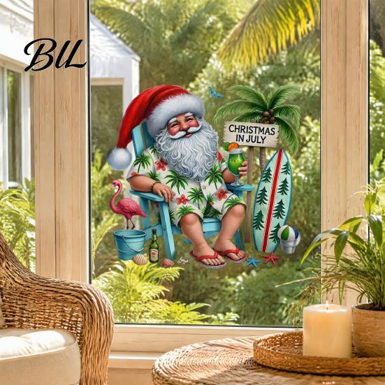 Flexible Christmas Pattern Stickers Summer Static Window Cling, Beach Santa Claus Glass Sticker, Hawaiian Clings Waterproof PVC Xmas Decal,