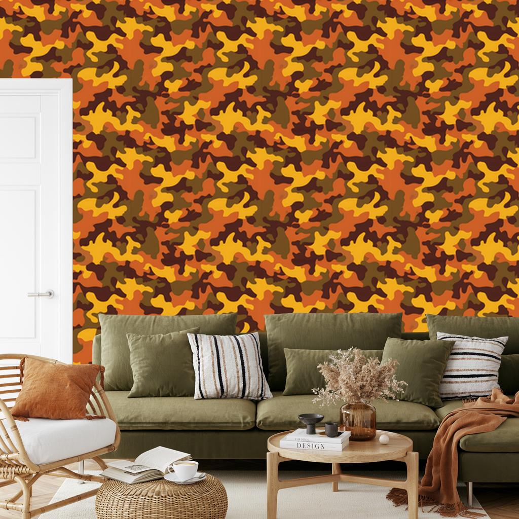 Orange and gold military camouflage wallpaper for living room and bedroom 50x1000