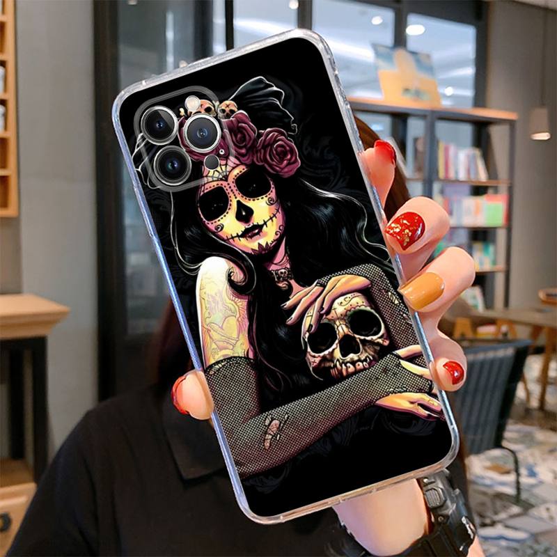 Catrina Beautiful Rose Girl Skull Phone Case For iPhone 14 13 12 11 Pro Max XS X XR SE 2020 6 7 8 Plus Mini Transparent Shell
