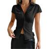 Женская мода Сексуальная блузка на пуговицах однотонная с коротким рукавом облегающий топ