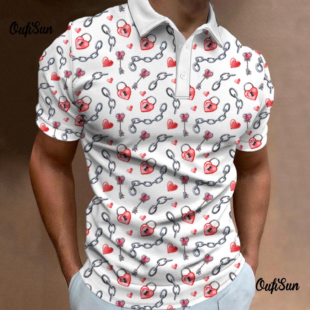 Trendy short-sleeve polo with love & heart prints, casual everyday wear.