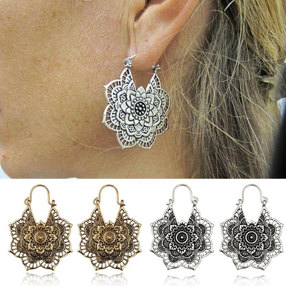 Антикварные племенные бохо висячие серьги-пусеты с полым кулоном в виде цветка мандалы