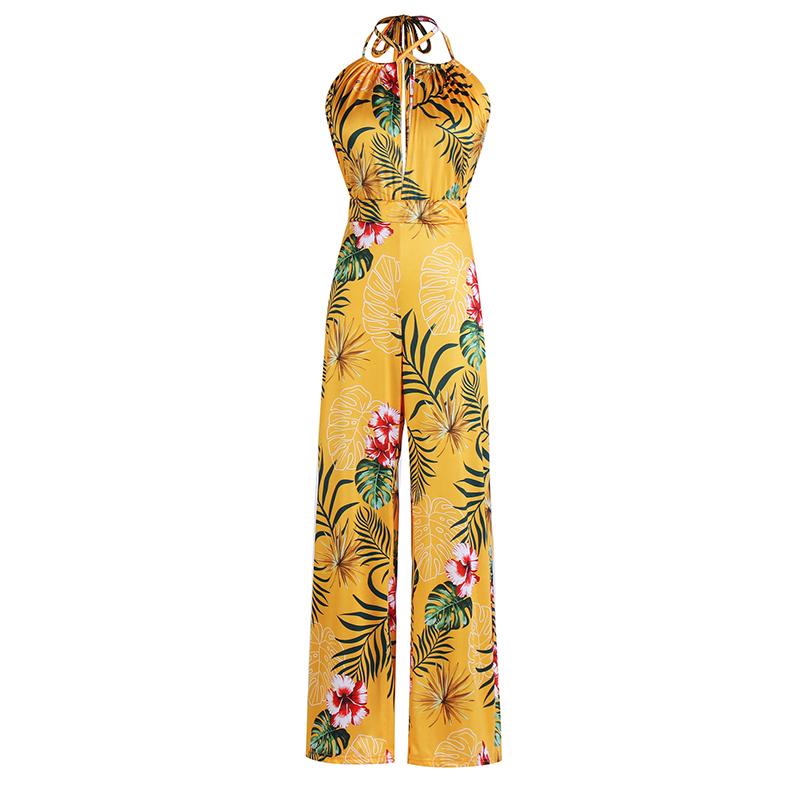 Женские летние сексуальные брюки с открытой спиной и принтом кокосовой пальмы, девятые брюки, эластичный комбинезон с лямкой на шее