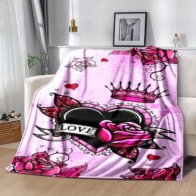 1pc. Pink Roses & Crown Heart Love Home Office Outdoor Blanket