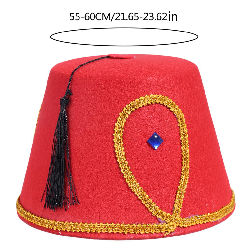 Экзотическая турецкая шляпа Марокканский тематический головной убор с золотой отделкой Черные кисточки Шляпа феска Египетская тематическая шляпа Уникальный головной убор