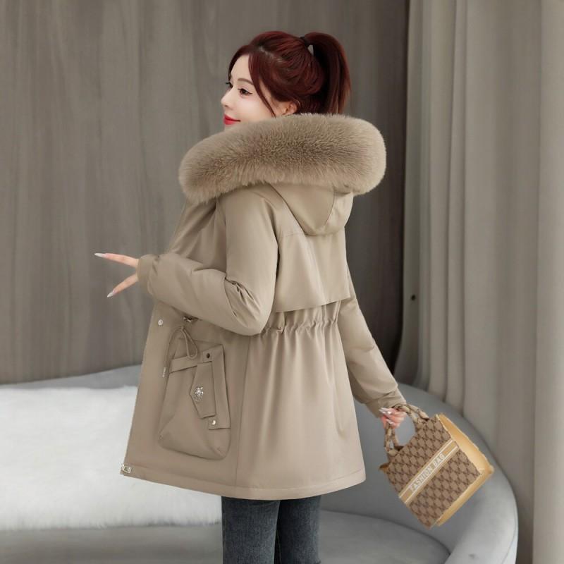 Womens Mid-Length Winter Parka Fleece Lined Hooded Cotton Coat With Fur Trim Korean Style Solid Color Warm Outerwear