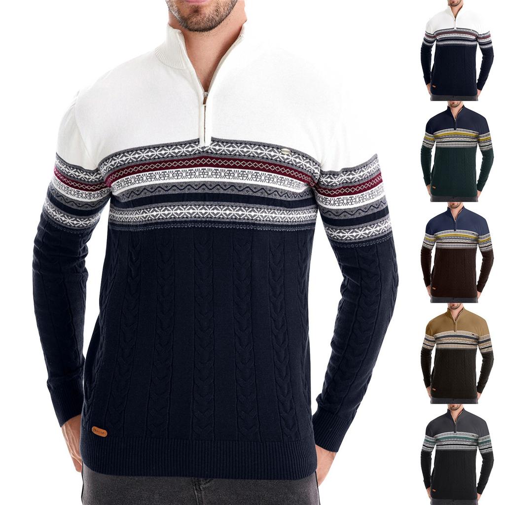 Men's Winter Print Stand Collar Half Zipper Slim Fit Knit Long Sleeve Top