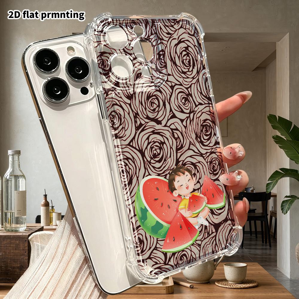 Phone Case: 2D flat design, fits iPhone 18 17 16 15 14 13 Pro, transparent corners protective case, cartoon eating watermelon, Christmas and Halloween