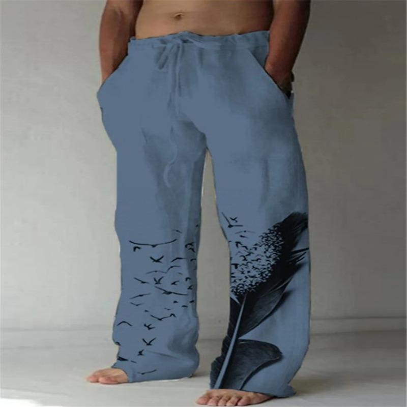 Men's New Cotton and Linen Printed Drawstring Elastic Trousers Casual Pants