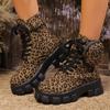 Women Boots with Pockets  New Lace Up Zipper Women Ankle Boots Round Toe Leopard Print Platform Water Proof Fashion Shoes