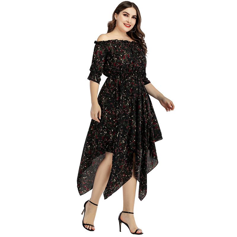 Плюс Размер Женщин Лето Новое Модное Повседневное Платье Одной Линии Вырез Открытые Плечи