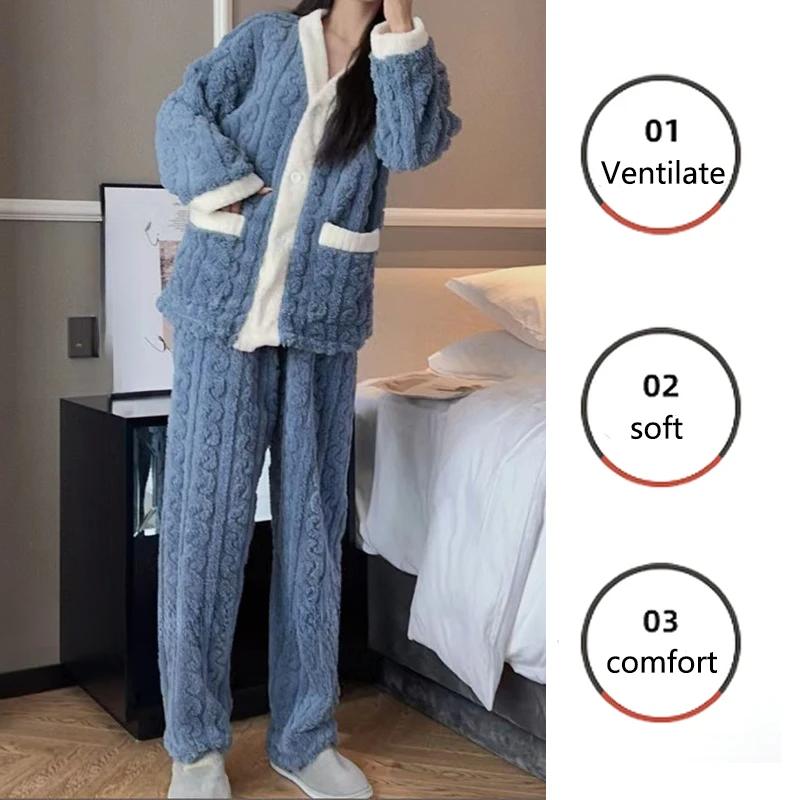 2pcs/Set Autumn and Winter Pajamas Women Thickened Padded Warm Students Coral Girls Clot Velvet Suit Homewear Cardigan Trousers
