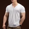 Мужская хлопковая футболка с V-образным вырезом, приталенного кроя, однотонная, с коротким рукавом для фитнеса и на каждый день