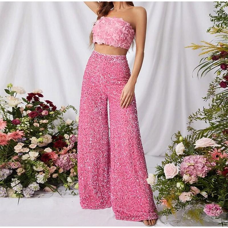 Sexy Women Nightclub Elastic High Waist Casual Loose Wide Leg Glitter Sequin Bell Bottom Pants 2025 New Female Party Trousers
