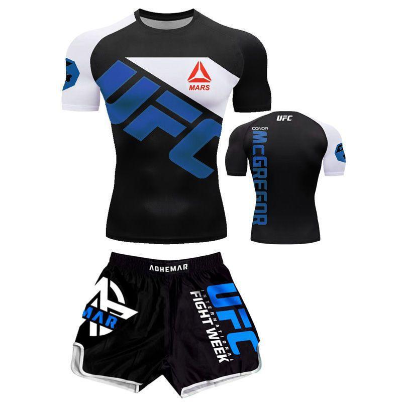 Martial Arts Training Set Mens Quick Dry Boxing Muay Thai Short Sleeve T-Shirt Shorts Sparring Fitness
