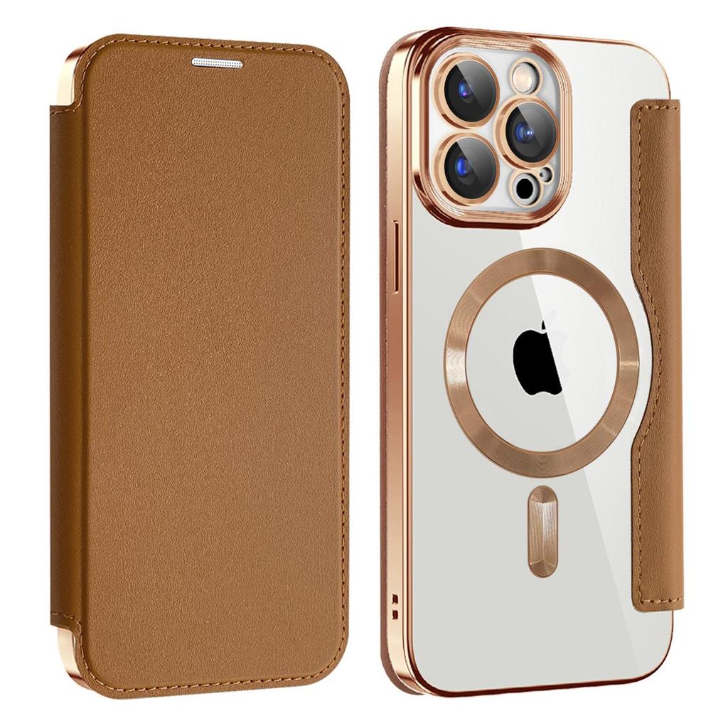 Кожаный чехол-книжка с поддержкой MagSafe для iPhone 14/15/16 Pro с магнитной фиксацией и гальванизированным мягким краем