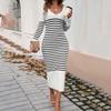 Женское повседневное модное сексуальное удобное полосатое платье с длинным рукавом