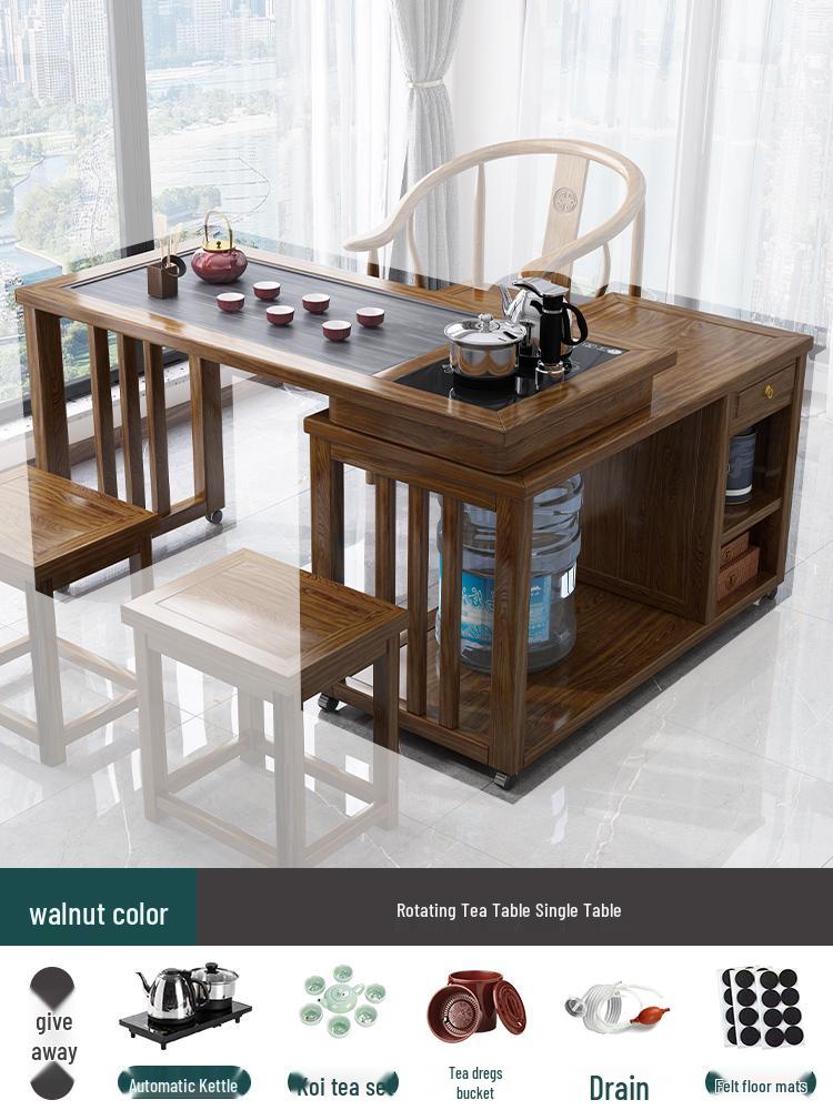Solid Wood Rotating Tea Table Set with Chairs and Kettle, Mobile Balcony Coffee Table for Home.