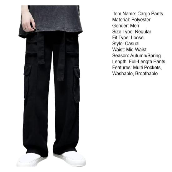 Men Cargo Trousers with Multiple Pockets Solid Color Spring Autumn Loose-Fit Straight Pants Wide Leg Trousers