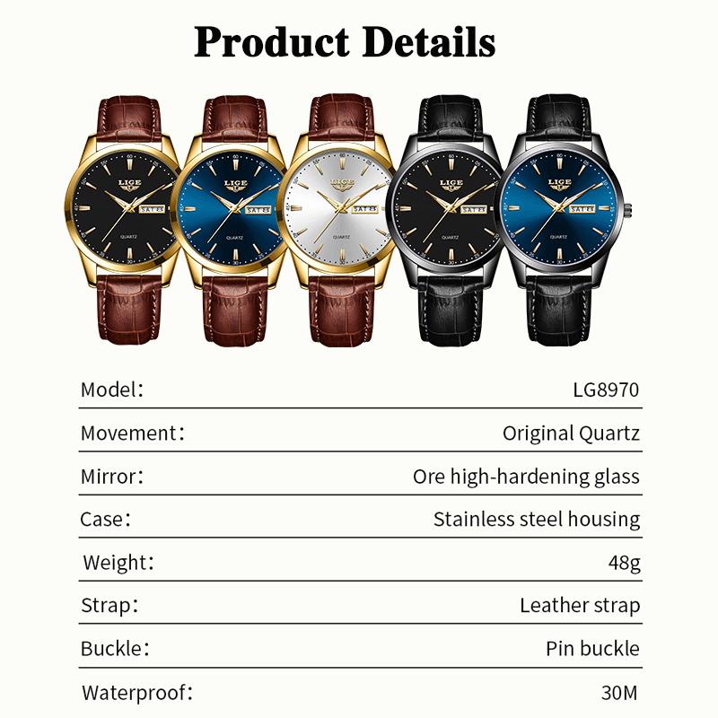 LIGE Лучший бренд, мужские кожаные деловые часы с датой, водонепроницаемые светящиеся часы, мужские роскошные спортивные водонепроницаемые кварцевые наручные часы