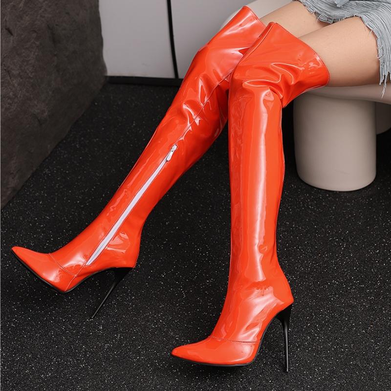 Модные женские сапоги выше колена, сексуальные туфли с острым носком, осень-зима, черные, красные, на каблуке, длинные сапоги, женская обувь для вечеринок, большой размер 45