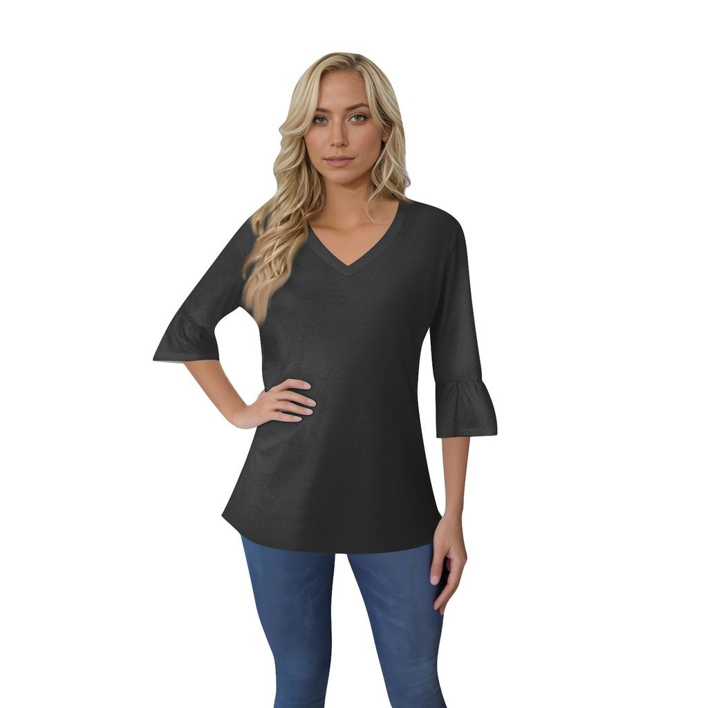 Women's Casual 3/4 Sleeve Top Summer V-neck Puffy Sleeve T-shirt Top