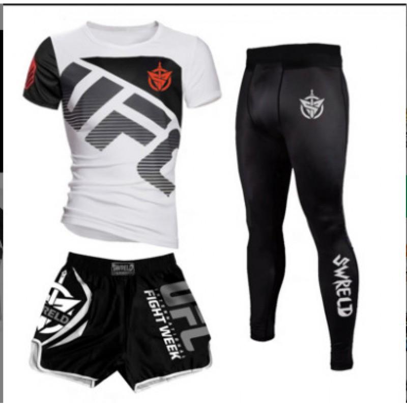 Mens Boxing Training Set Short Sleeve Quick Dry Fitness Gym Wear Martial Arts