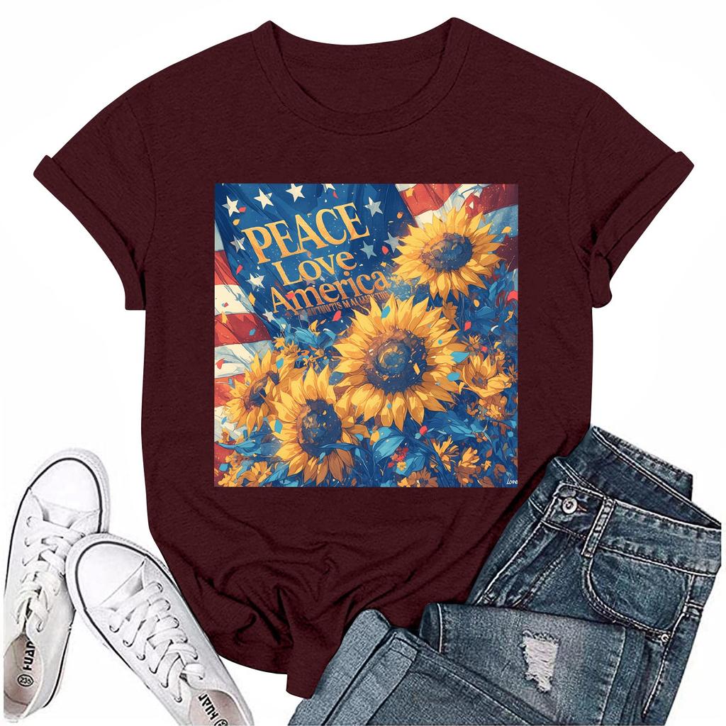 Women's Round Neck Casual Independence Day Printed Short Sleeve T-Shirt Top