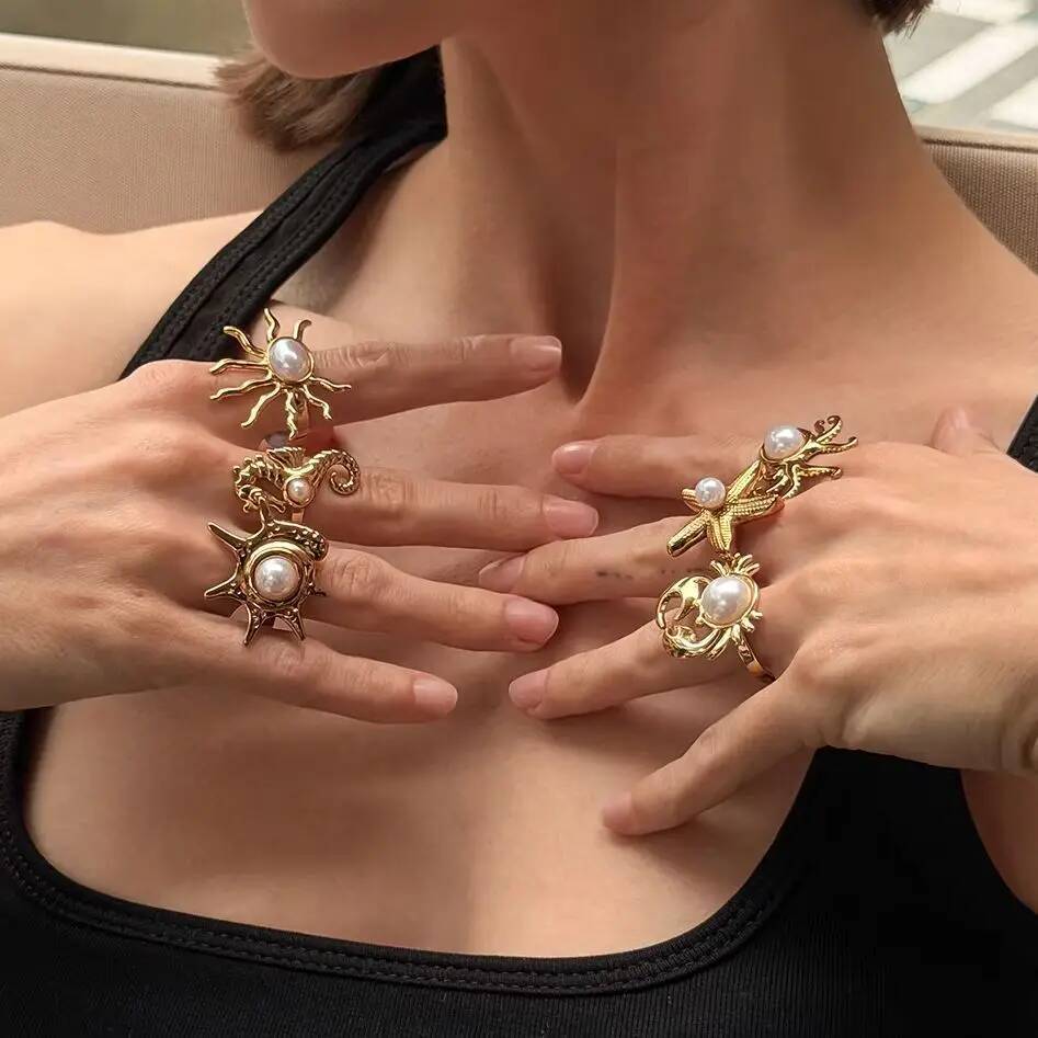 SHIXIN 6Pcs Creative Stainless Steel PVD18K Plated Gold Color Open Rings Women Trendy Imitation Pearl Finger Ring Daily Jewelry
