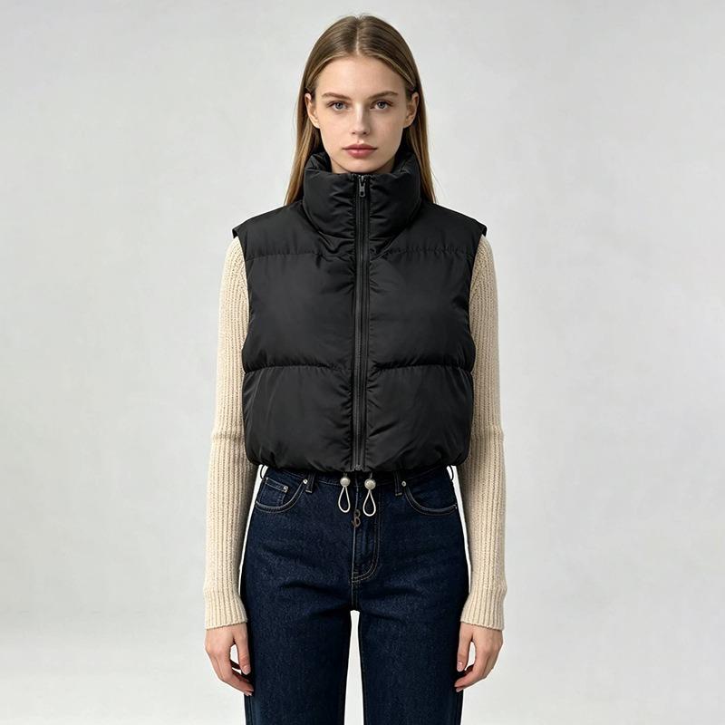 Women S Vintage Simple Versatile Stand Collar Sleeveless Short Down Cotton Vest With Drawstring Waist